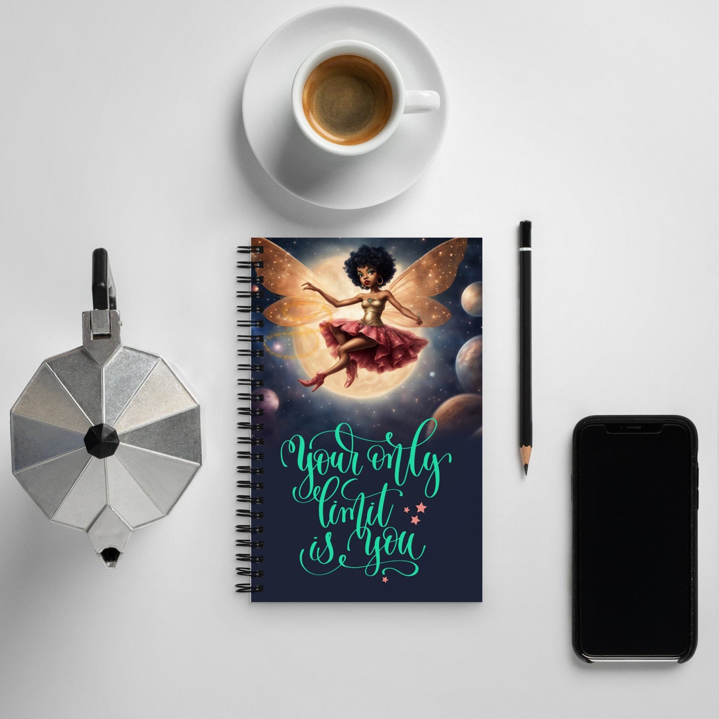Black Fairy themed Spiral notebook | Floating Fairy Illustration Spiral Notebook | Stylish Fairy in Outerspace Journal Unique Gift for Her