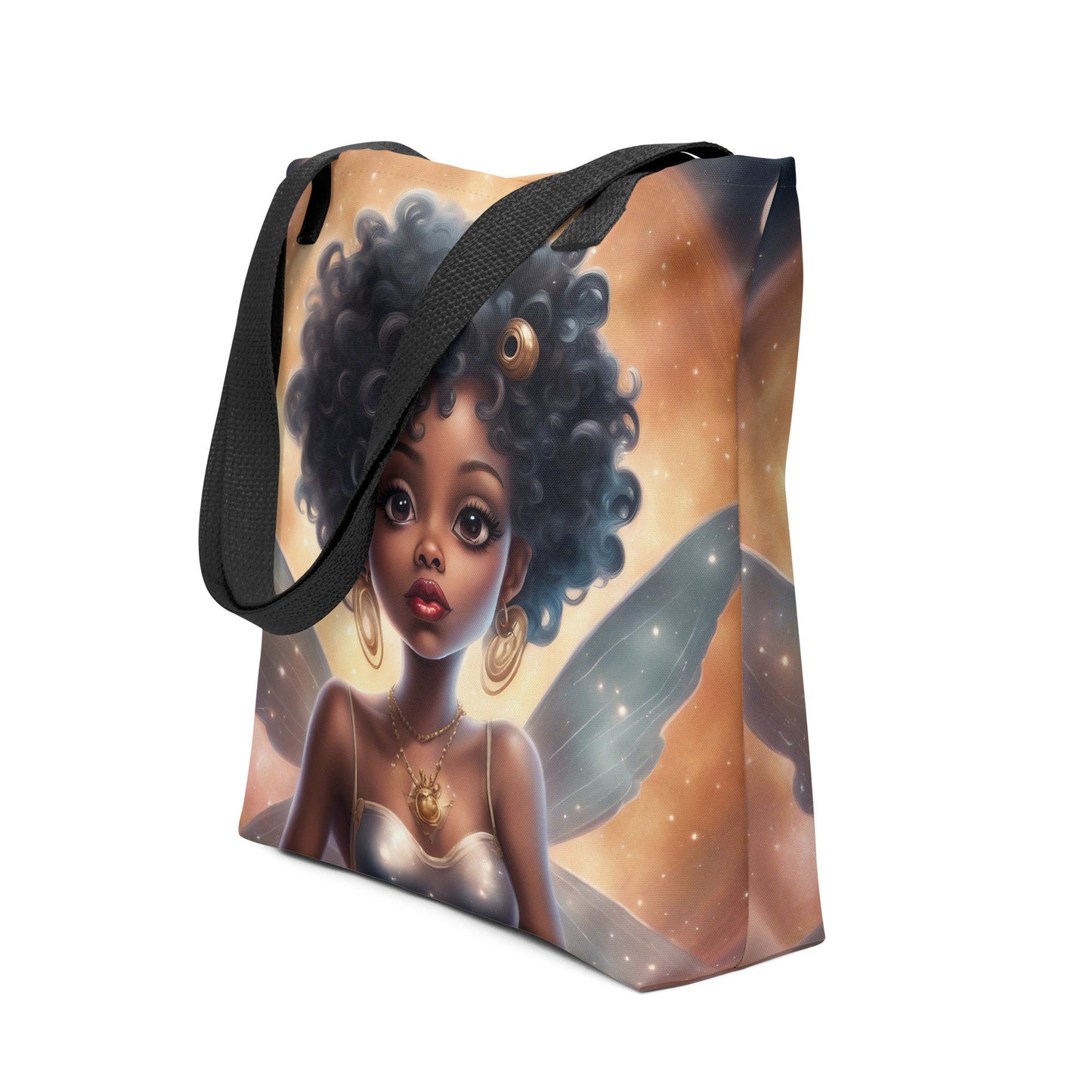 Queen Fairy Themed Tote bag | Beautiful Aesthetic Tote Bag featuring Black Fairy with Afro in Space Illustration