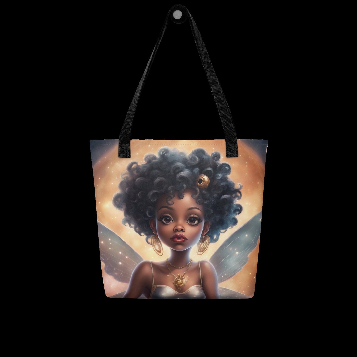 Black Fairy Themed Tote bag | Beautiful Aesthetic Tote Bag featuring Black Fairy Queen with Afro in Space Illustration