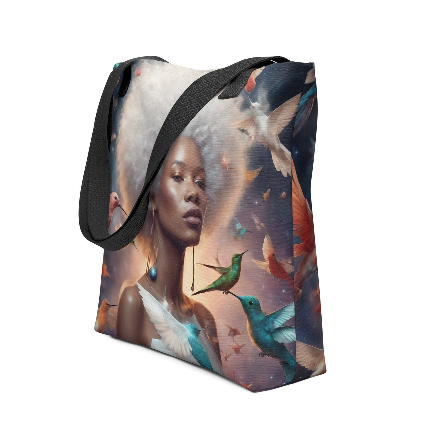 Silver Queen Hummingbird Tote bag | Beautiful Aesthetic Tote Bag featuring Melanin Queen with Afro with Space and Hummingbird Illustration