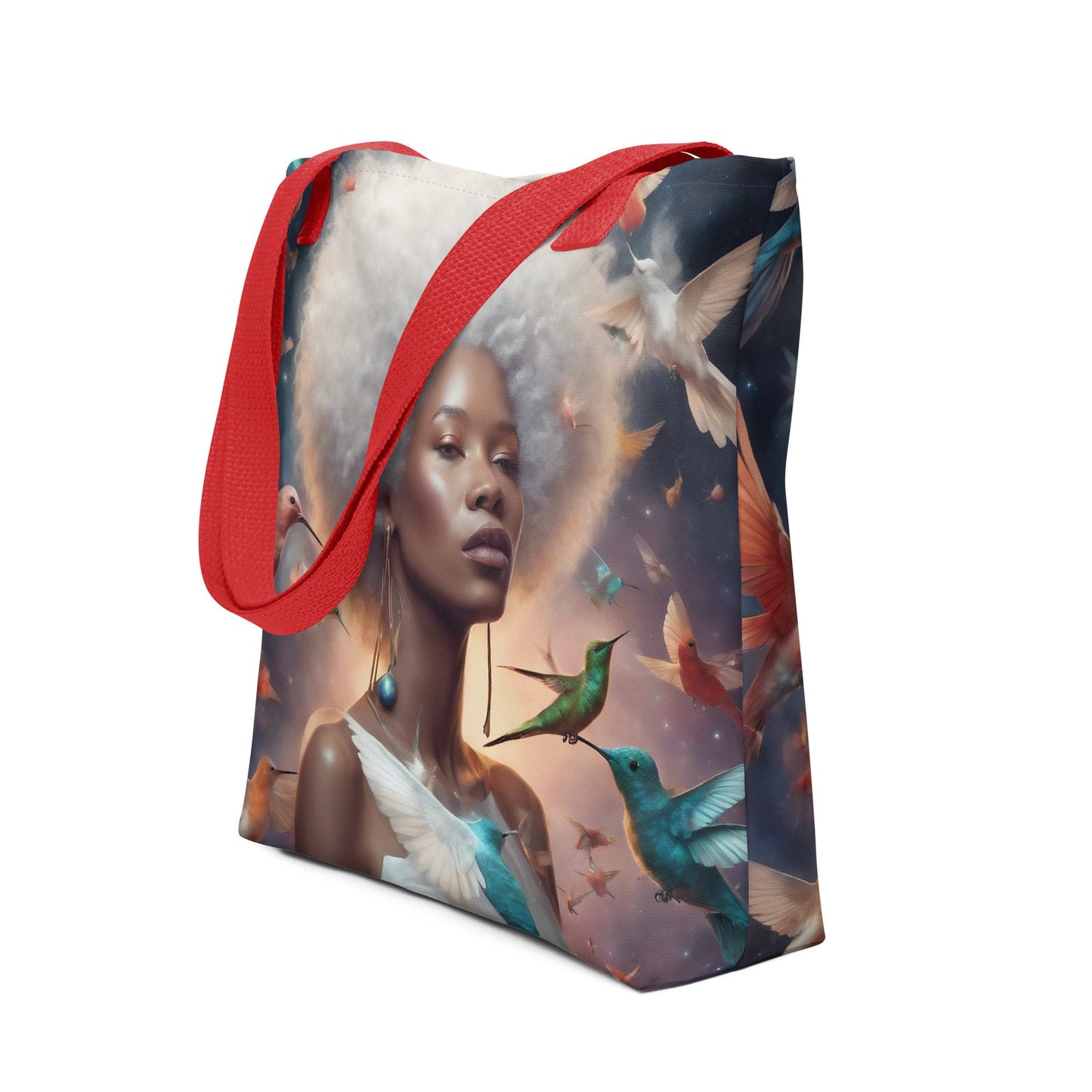 Silver Queen Hummingbird Tote bag | Beautiful Aesthetic Tote Bag featuring Melanin Queen with Afro with Space and Hummingbird Illustration