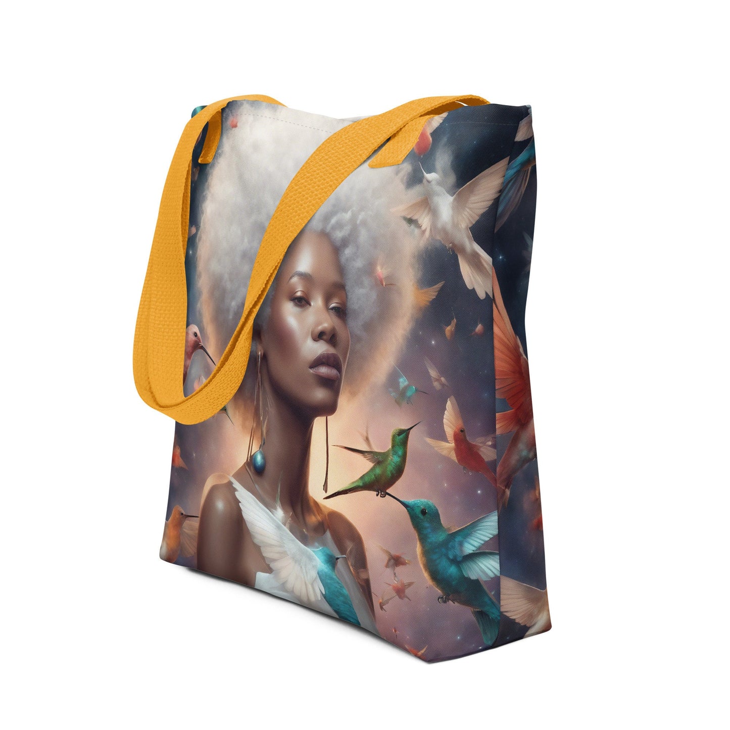 Silver Queen Hummingbird Tote bag | Beautiful Aesthetic Tote Bag featuring Melanin Queen with Afro with Space and Hummingbird Illustration