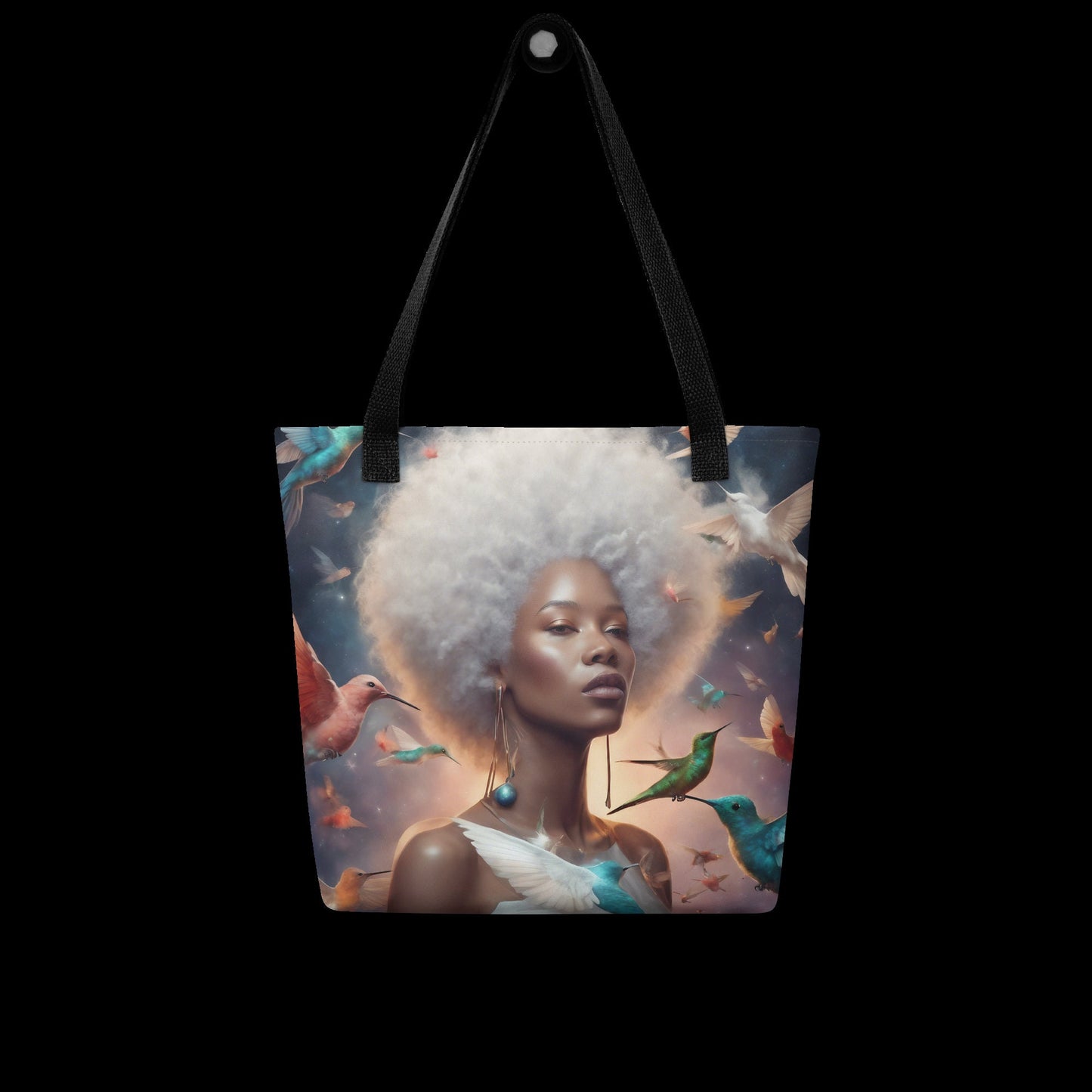Silver Queen Hummingbird Tote bag | Beautiful Aesthetic Tote Bag featuring Melanin Queen with Afro with Space and Hummingbird Illustration