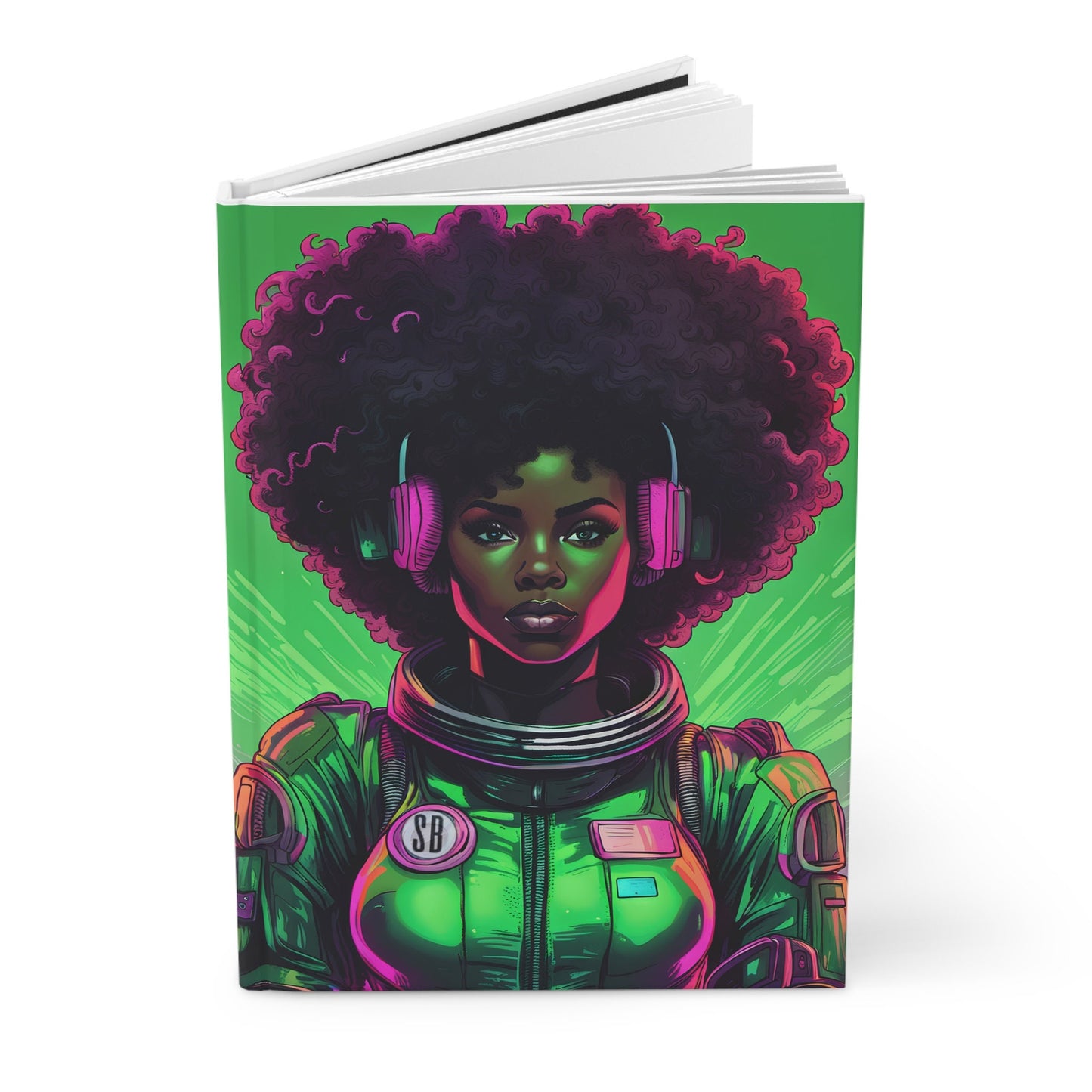 Green Astro Queen Hardcover Journal Matte | Unique Notebook with Afro Queen gift for her or him| Aesthetic Neon Punk Gift for Writer