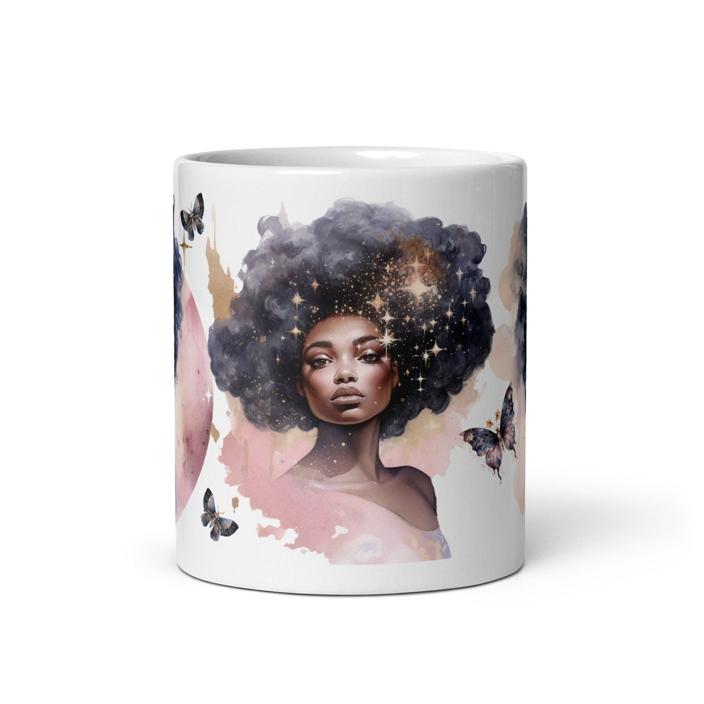 Celestial Queens White Glossy Mug with Butterflies | Black Girl Space Age Aesthetic Mug | Unique Coffee Mug Gift for Her