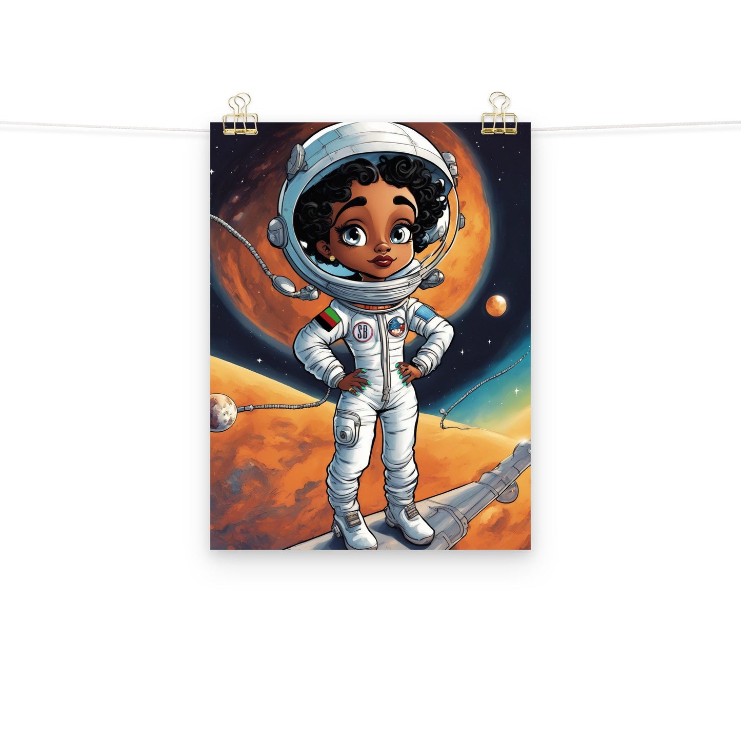 Cutsie Black Girl Astronaut Poster| Space Age Illustration Black Woman Wall Art | Black Girl Astronaut Unique Room Wall Decor for Him or Her