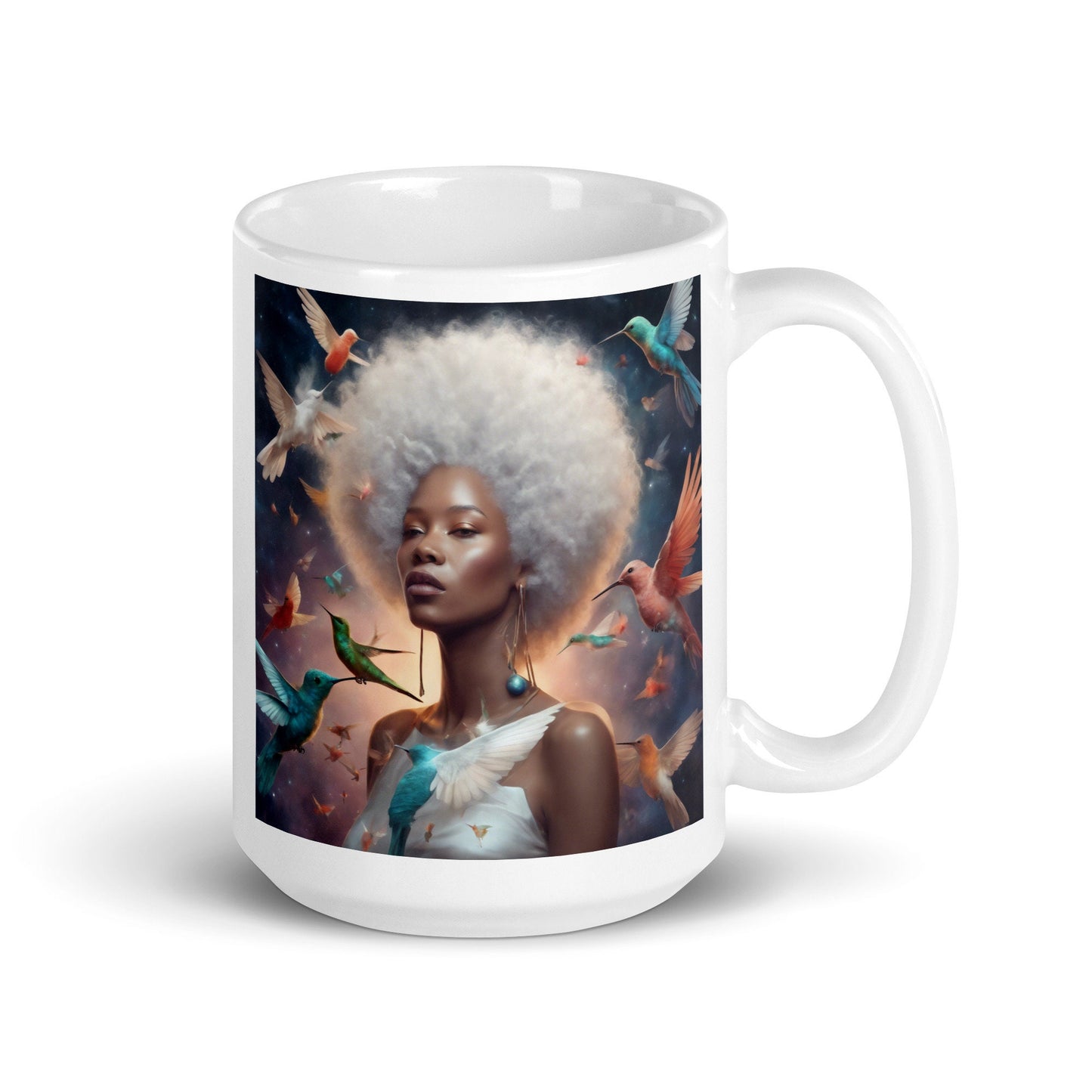 Silver Queen Hummingbird White Glossy Mug | Beautiful Aesthetic Mug with Melanin Queen with Afro with Space and Hummingbird Illustration