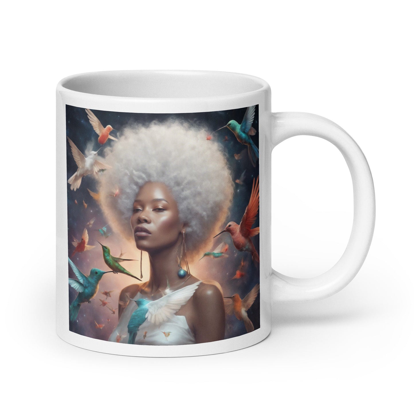 Silver Queen Hummingbird White Glossy Mug | Beautiful Aesthetic Mug with Melanin Queen with Afro with Space and Hummingbird Illustration