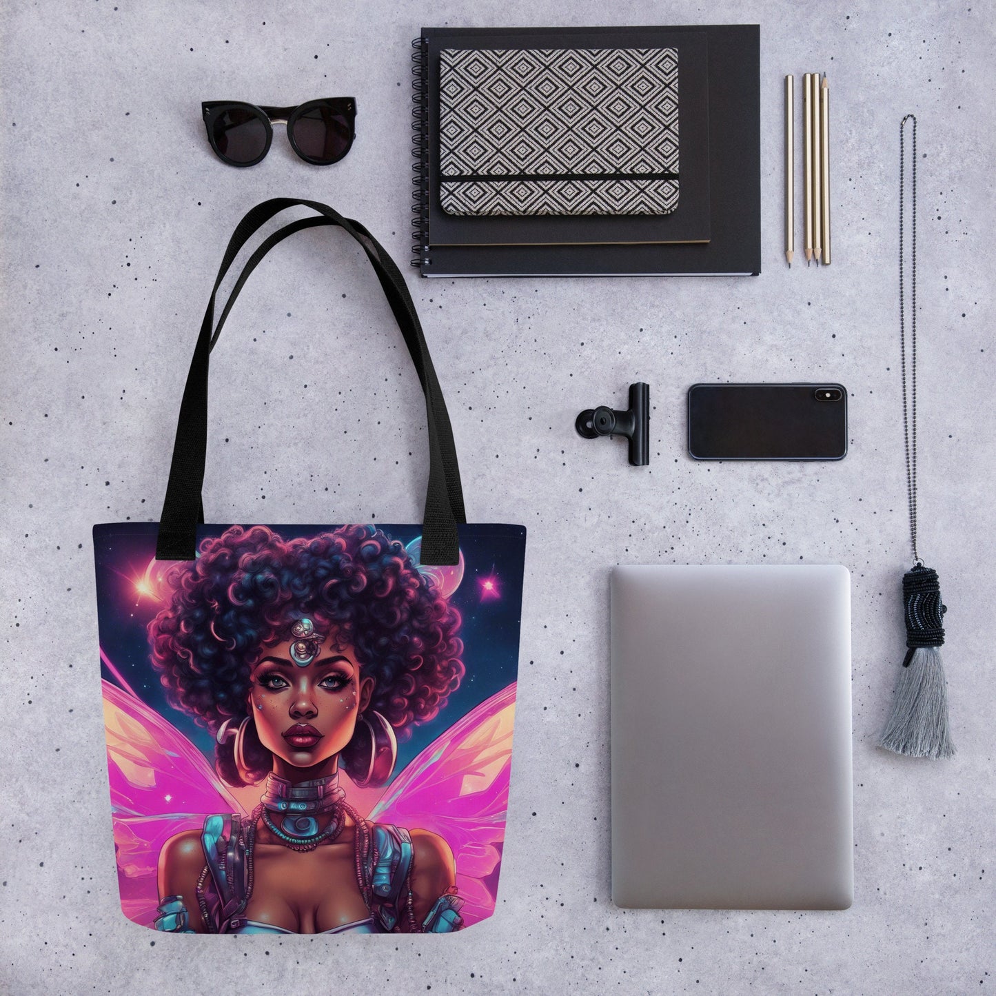 Neon Fairy Space Age Tote bag | Beautiful Black Fairy Aesthetic Tote | Unique Tote Gift for Her