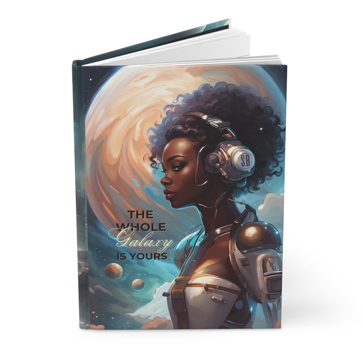 Beautiful Cyborg Hardcover Journal | Space Age Notebook Gift | Aesthetic Journal with Celestial Moon Background