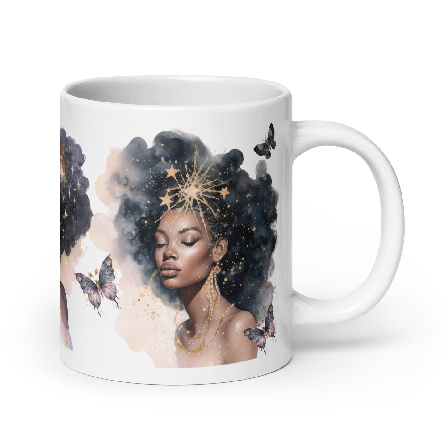 Celestial Queens White Glossy Mug with Butterflies | Black Girl Space Age Aesthetic Mug | Unique Coffee Mug Gift for Her
