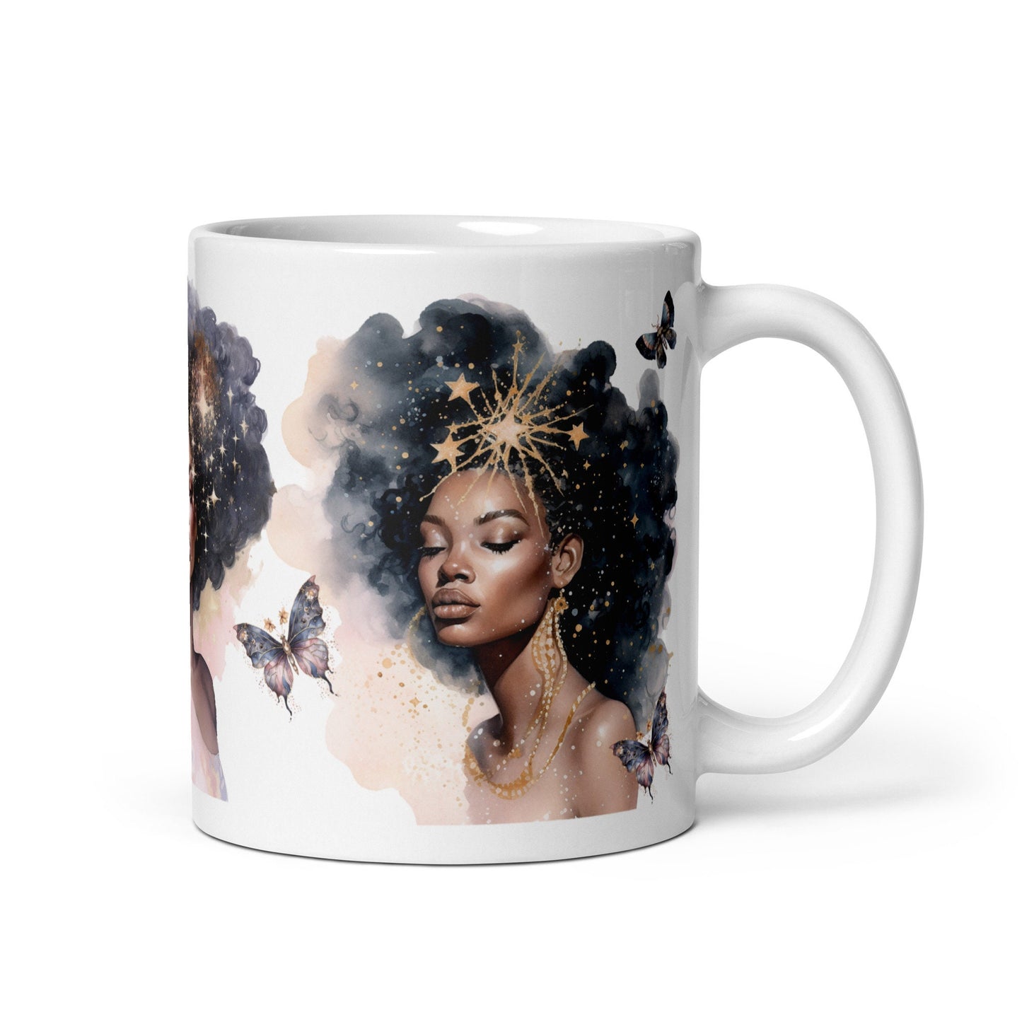 Celestial Queens White Glossy Mug with Butterflies | Black Girl Space Age Aesthetic Mug | Unique Coffee Mug Gift for Her