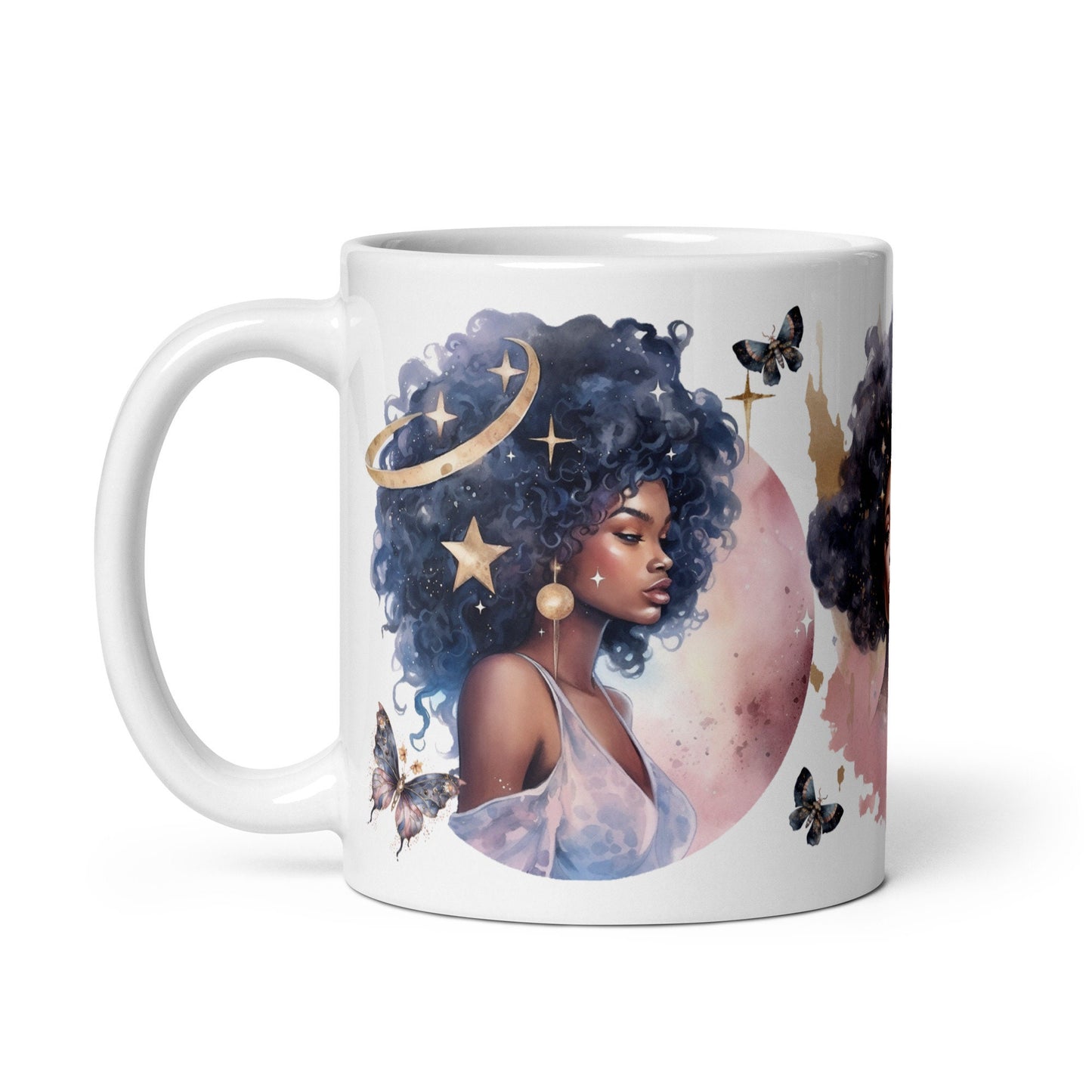Celestial Queens White Glossy Mug with Butterflies | Black Girl Space Age Aesthetic Mug | Unique Coffee Mug Gift for Her
