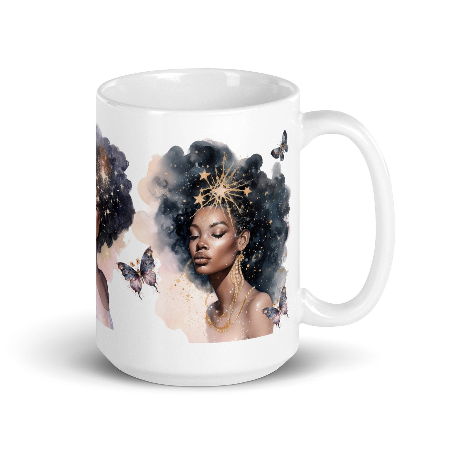 Celestial Queens White Glossy Mug with Butterflies | Black Girl Space Age Aesthetic Mug | Unique Coffee Mug Gift for Her