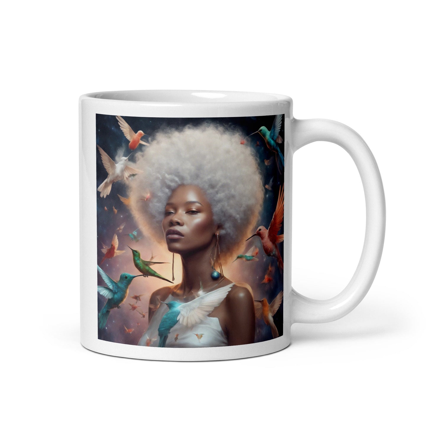 Silver Queen Hummingbird White Glossy Mug | Beautiful Aesthetic Mug with Melanin Queen with Afro with Space and Hummingbird Illustration