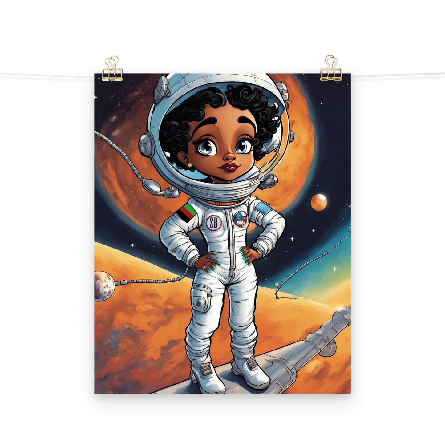 Cutsie Black Girl Astronaut Poster| Space Age Illustration Black Woman Wall Art | Black Girl Astronaut Unique Room Wall Decor for Him or Her