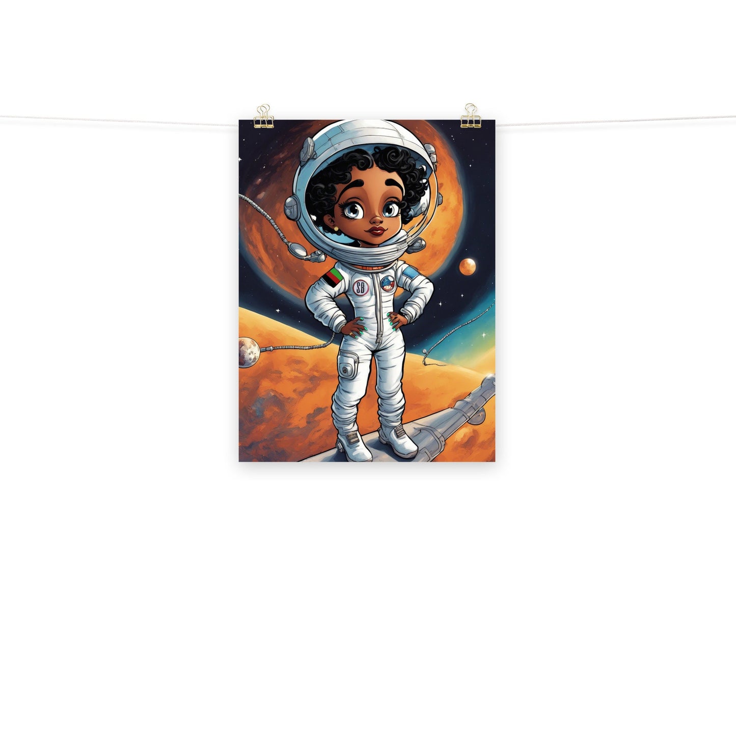 Cutsie Black Girl Astronaut Poster| Space Age Illustration Black Woman Wall Art | Black Girl Astronaut Unique Room Wall Decor for Him or Her