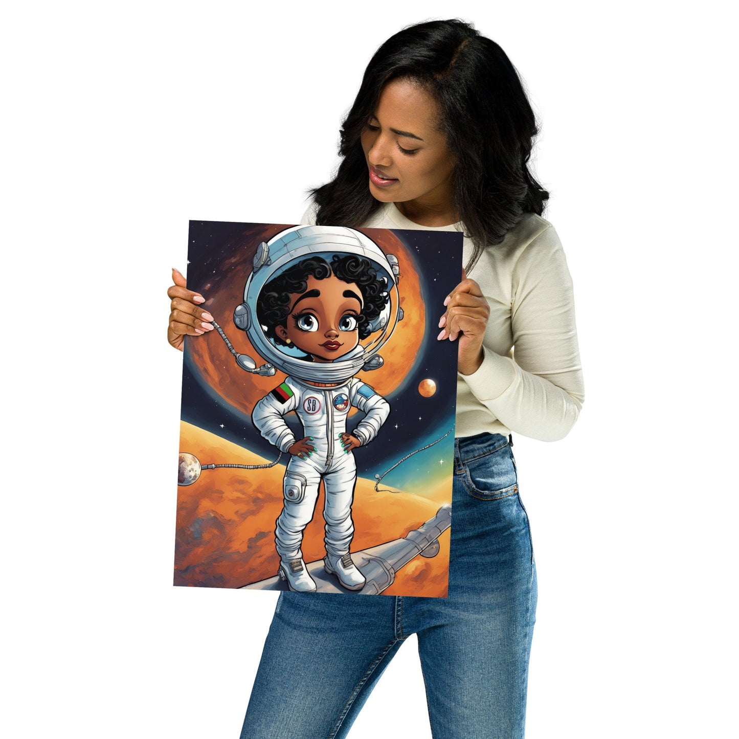 Cutsie Black Girl Astronaut Poster| Space Age Illustration Black Woman Wall Art | Black Girl Astronaut Unique Room Wall Decor for Him or Her