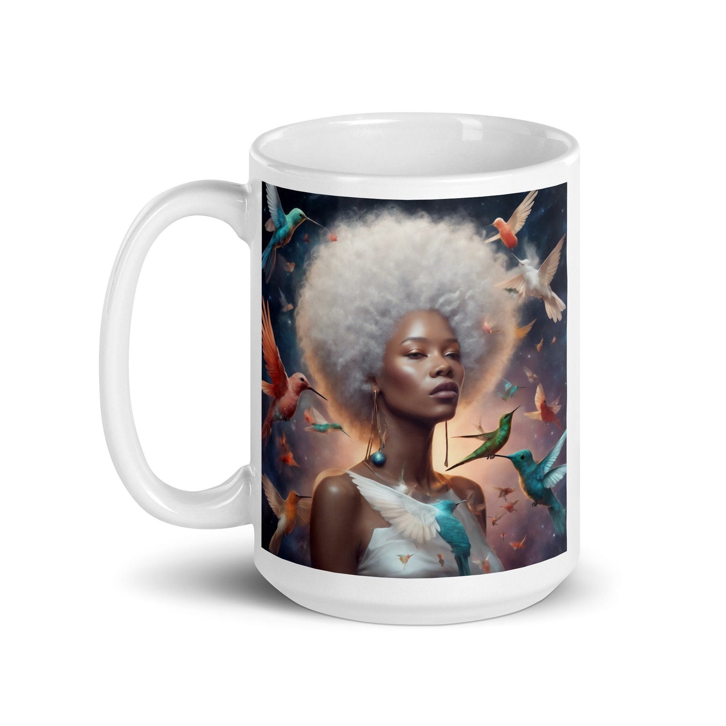 Silver Queen Hummingbird White Glossy Mug | Beautiful Aesthetic Mug with Melanin Queen with Afro with Space and Hummingbird Illustration
