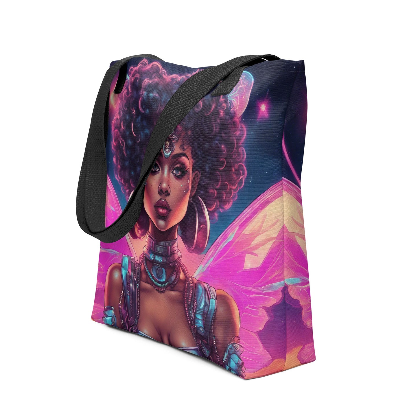 Neon Fairy Space Age Tote bag | Beautiful Black Fairy Aesthetic Tote | Unique Tote Gift for Her