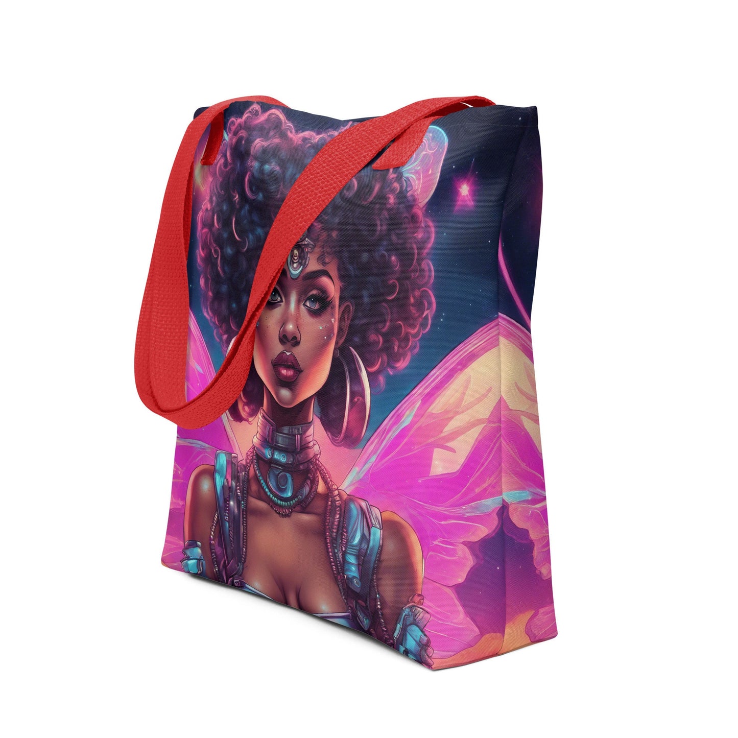 Neon Fairy Space Age Tote bag | Beautiful Black Fairy Aesthetic Tote | Unique Tote Gift for Her