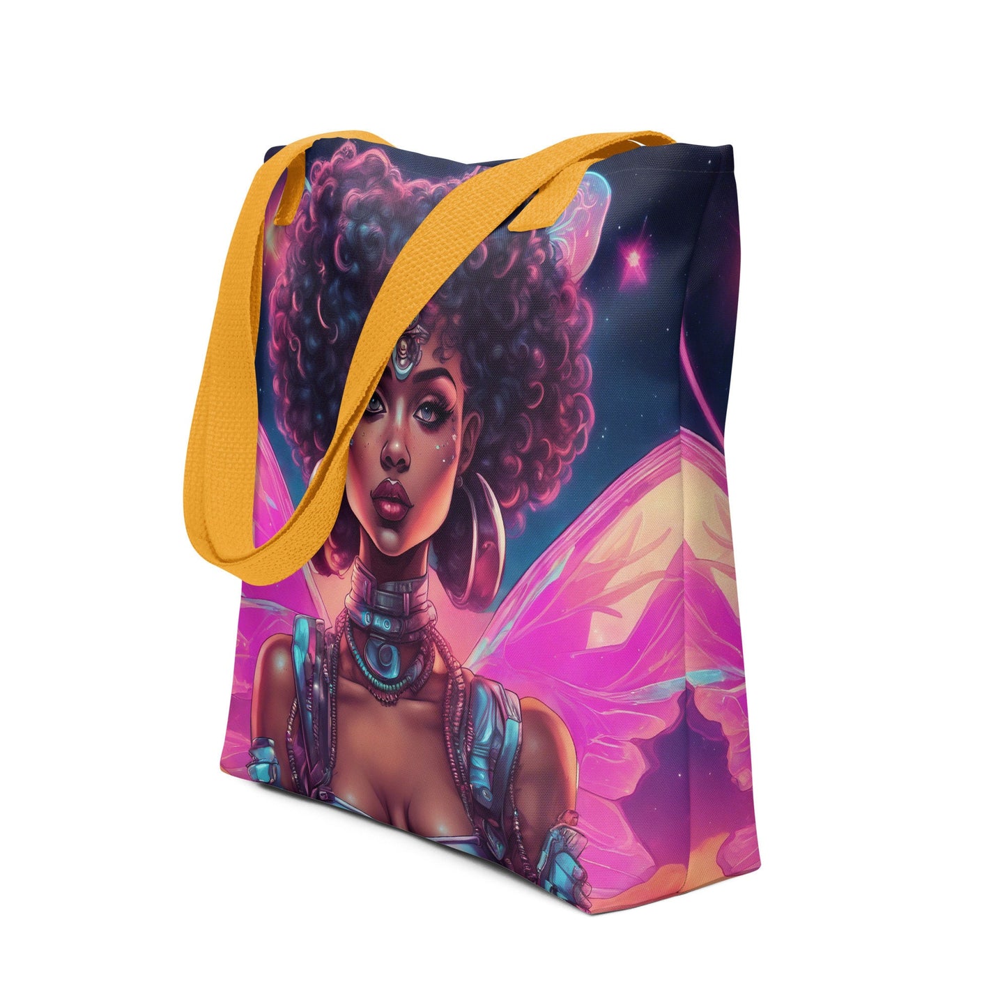 Neon Fairy Space Age Tote bag | Beautiful Black Fairy Aesthetic Tote | Unique Tote Gift for Her