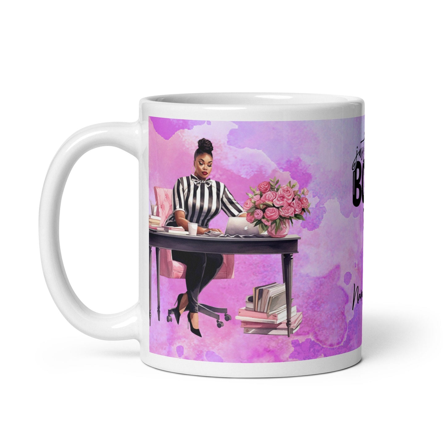 Personalized Girl Boss Queen White glossy mug| Unique Girl Boss gift for her | Aesthetic Black Woman Mug Gift for Entrepreneur or Boss