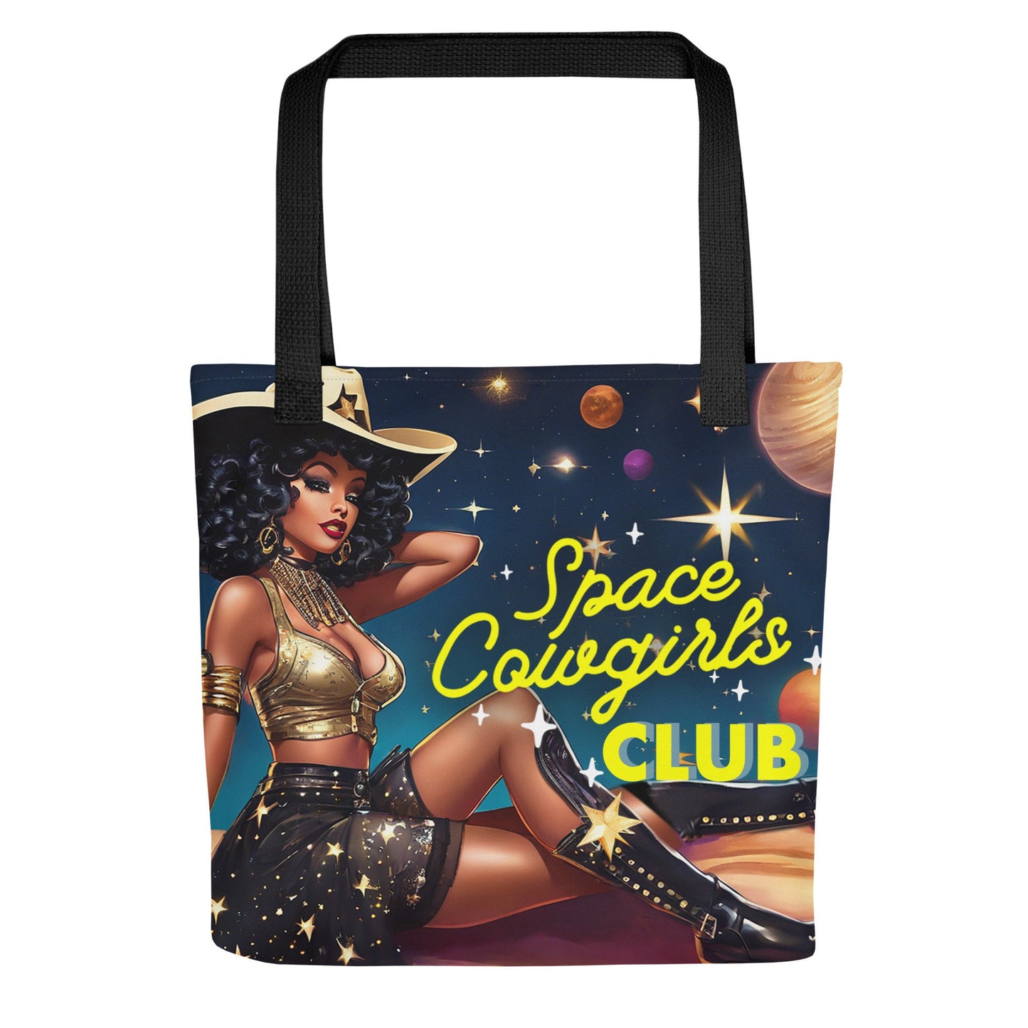 Space Cowgirls Club Tote | Aesthetic Tote Bag featuring Beautiful Black Cowgirl | African American Country Girl in Space Tote Gift for Her
