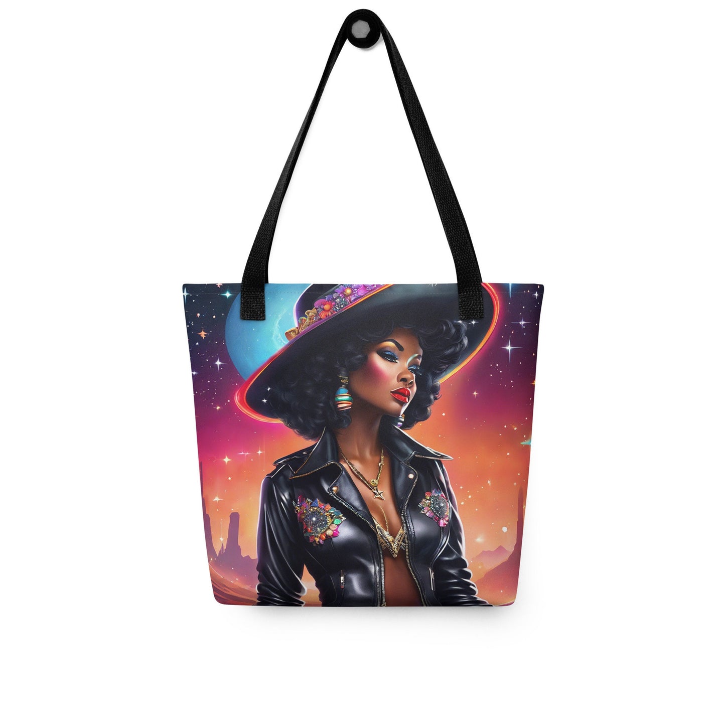 Space Desperada Cowgirl in Black Hat Tote| African American Country Girl in Space Bag Gift for Her | Unique Aesthetic Bag as a Gift for Her