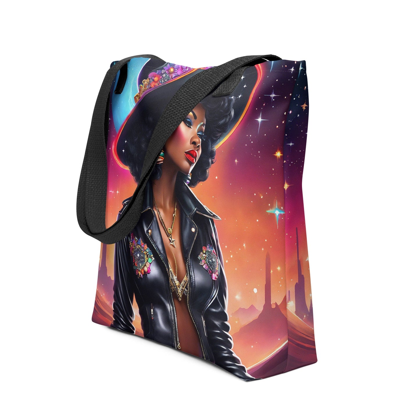 Space Desperada Cowgirl in Black Hat Tote| African American Country Girl in Space Bag Gift for Her | Unique Aesthetic Bag as a Gift for Her