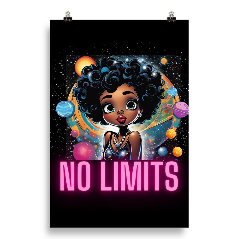 No Limits Designed Poster | Neon Letters Inspirational Wall Art | Space Themed Poster with Cute Black Girl Design | Home Decor