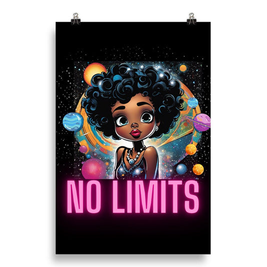 No Limits Designed Poster | Neon Letters Inspirational Wall Art | Space Themed Poster with Cute Black Girl Design | Home Decor