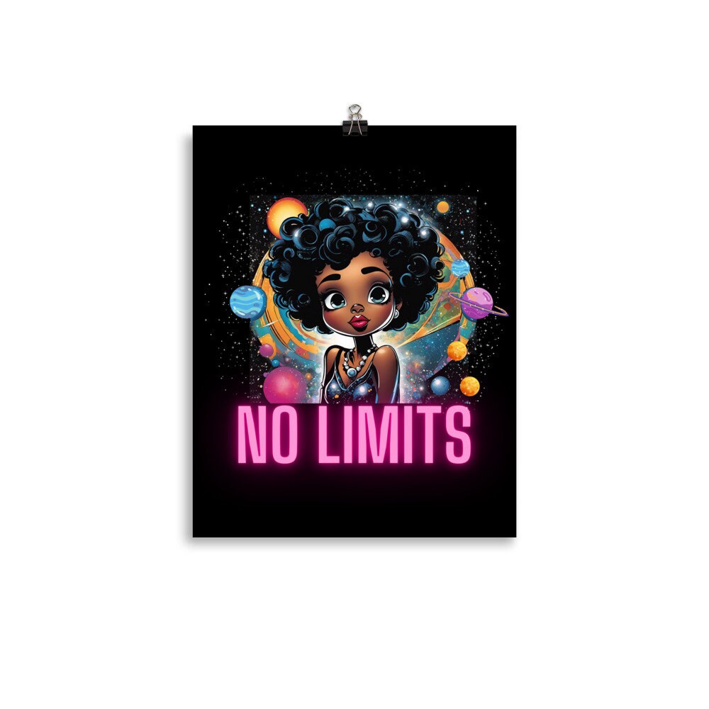 No Limits Designed Poster | Neon Letters Inspirational Wall Art | Space Themed Poster with Cute Black Girl Design | Home Decor