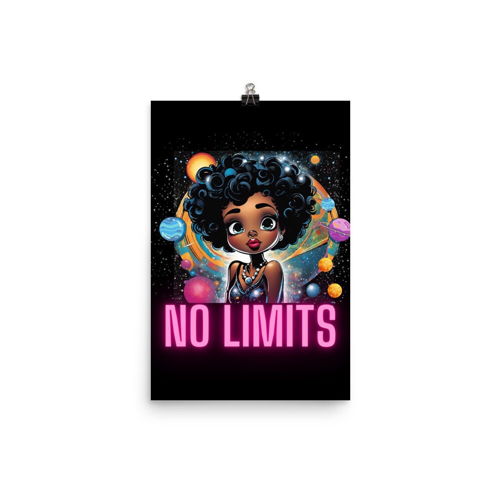 No Limits Designed Poster | Neon Letters Inspirational Wall Art | Space Themed Poster with Cute Black Girl Design | Home Decor