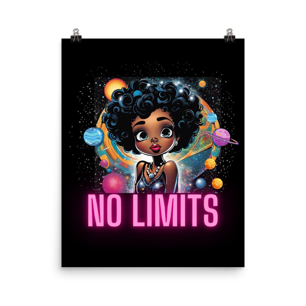 No Limits Designed Poster | Neon Letters Inspirational Wall Art | Space Themed Poster with Cute Black Girl Design | Home Decor