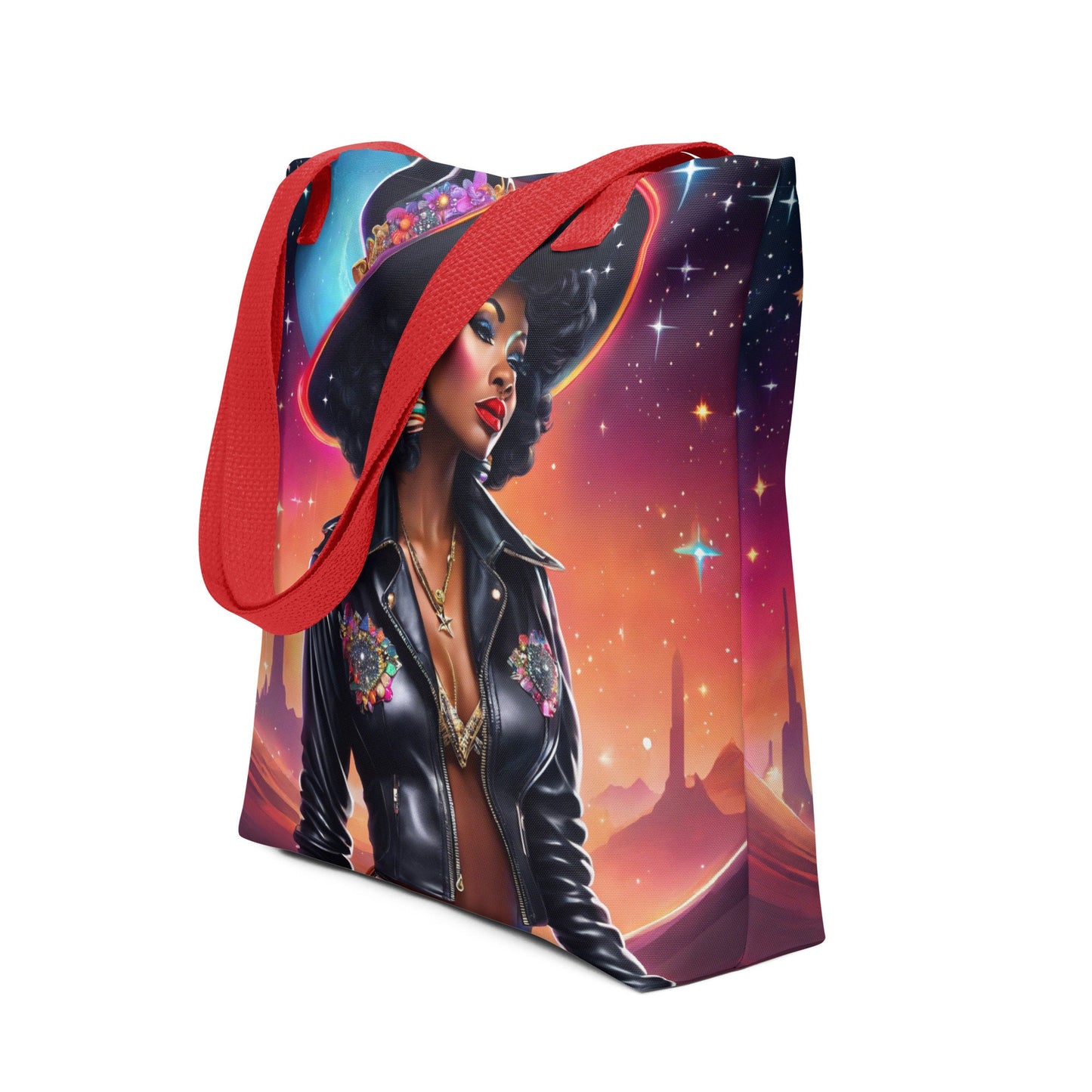 Space Desperada Cowgirl in Black Hat Tote| African American Country Girl in Space Bag Gift for Her | Unique Aesthetic Bag as a Gift for Her