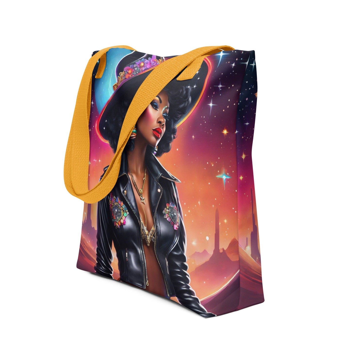 Space Desperada Cowgirl in Black Hat Tote| African American Country Girl in Space Bag Gift for Her | Unique Aesthetic Bag as a Gift for Her