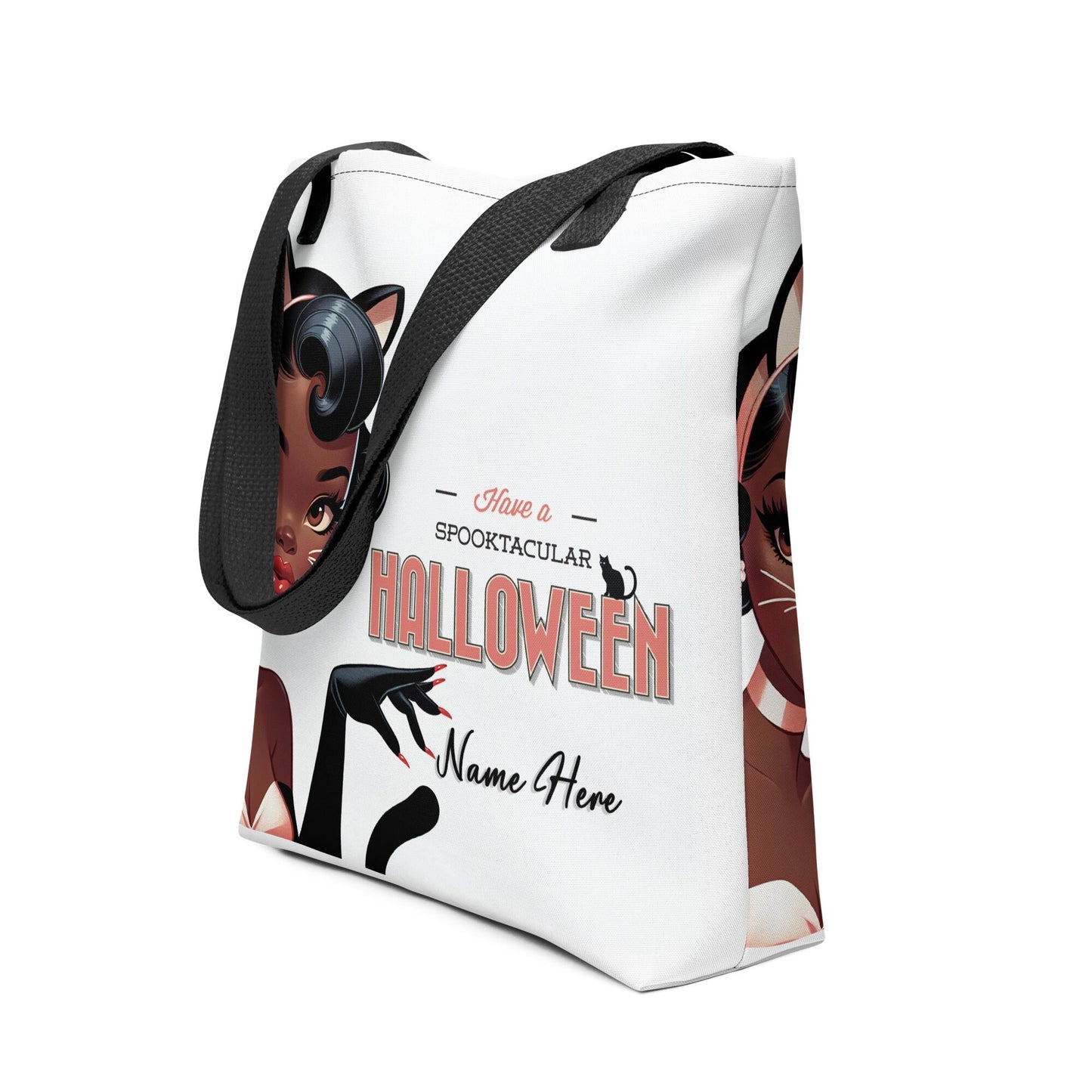 Happy Halloween Sexy Black Pin Up in Black Kitty Costume Tote bag | Personalized Halloween Aesthetic Tote | Retro Black Woman Pin Up Tote