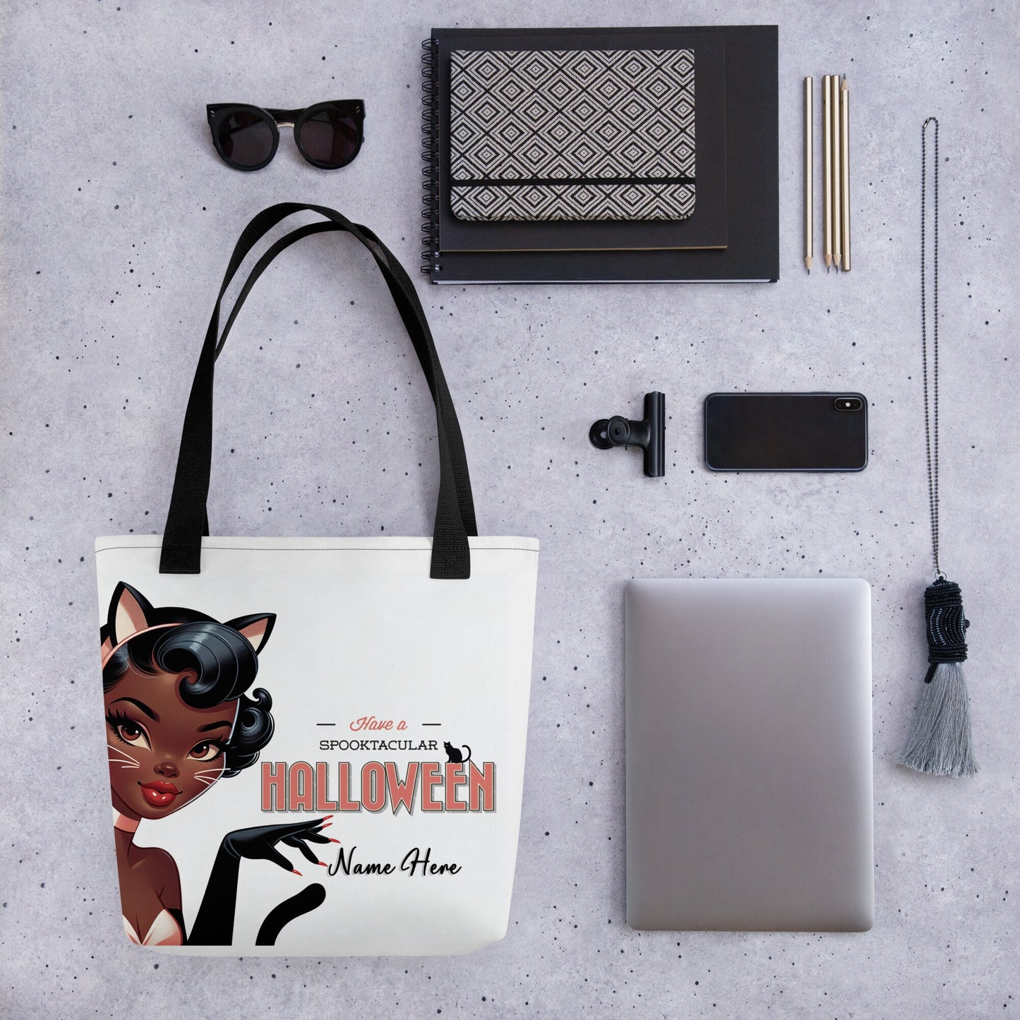 Happy Halloween Sexy Black Pin Up in Black Kitty Costume Tote bag | Personalized Halloween Aesthetic Tote | Retro Black Woman Pin Up Tote