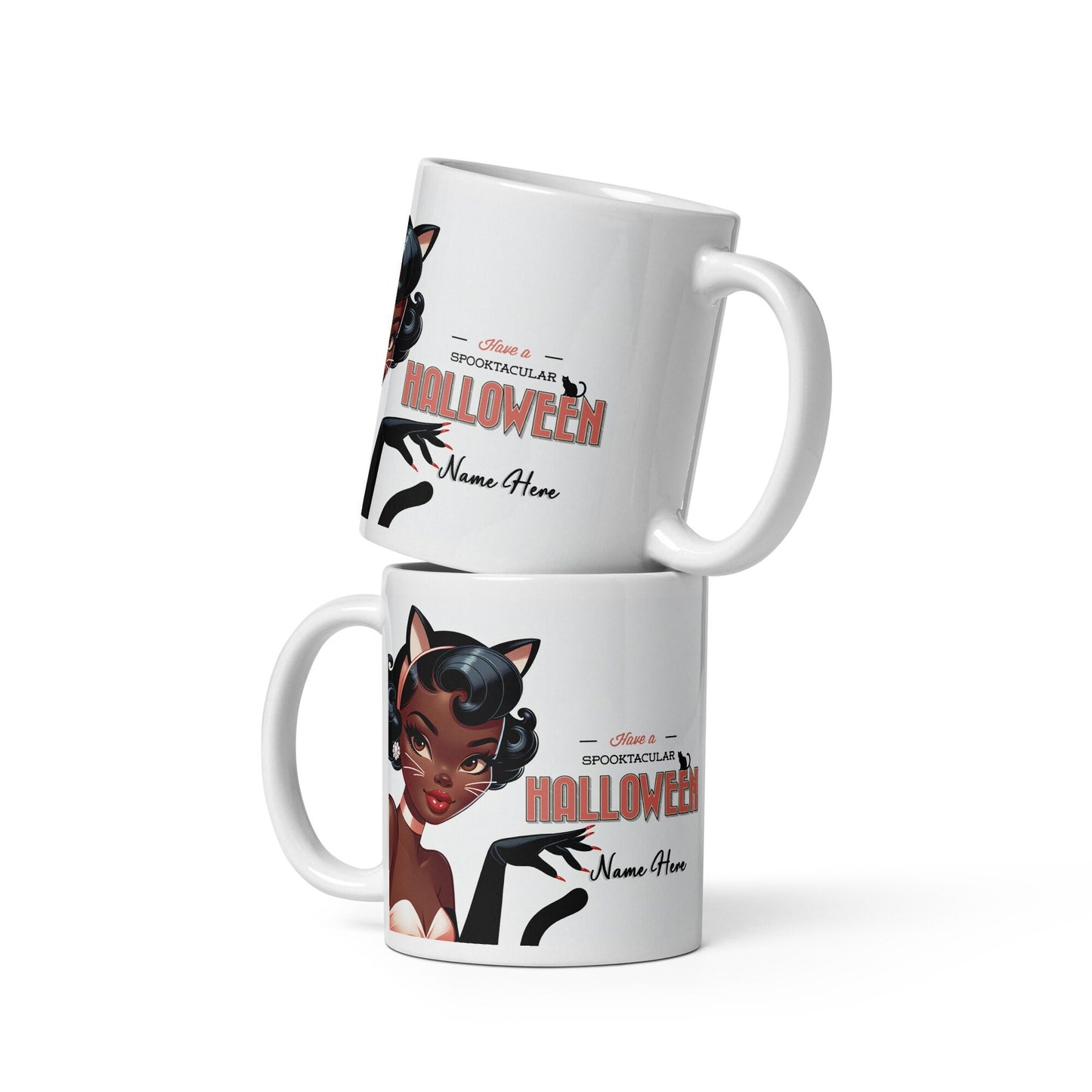 Happy Halloween Sexy Black Pin Up in Black Kitty Costume White glossy mug | Personalized Halloween Aesthetic Mug | Retro Black Pin Up Mug