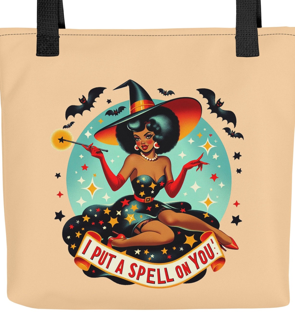 Halloween Themed Witch Tote bag | Vintage Pin Up Witch Bag | Retro Halloween Tote | Black Pin Up Aesthetic Bag | I Put A Spell on You Tote