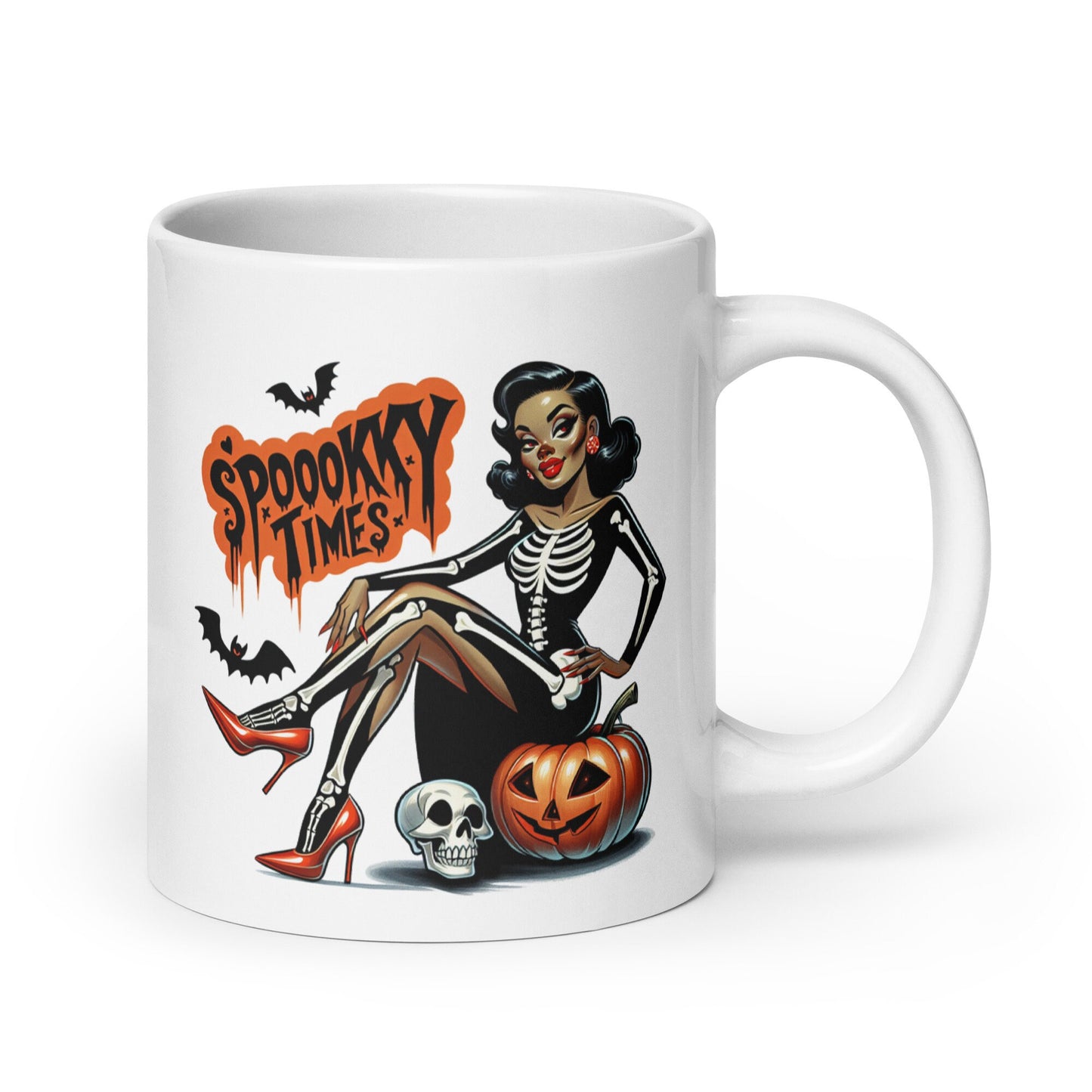 Spooky Times Sexy Skeleton Pin Up Halloween Themed White glossy mug | Retro Black Pin Up with Halloween Costume with Pumpkin and Skull