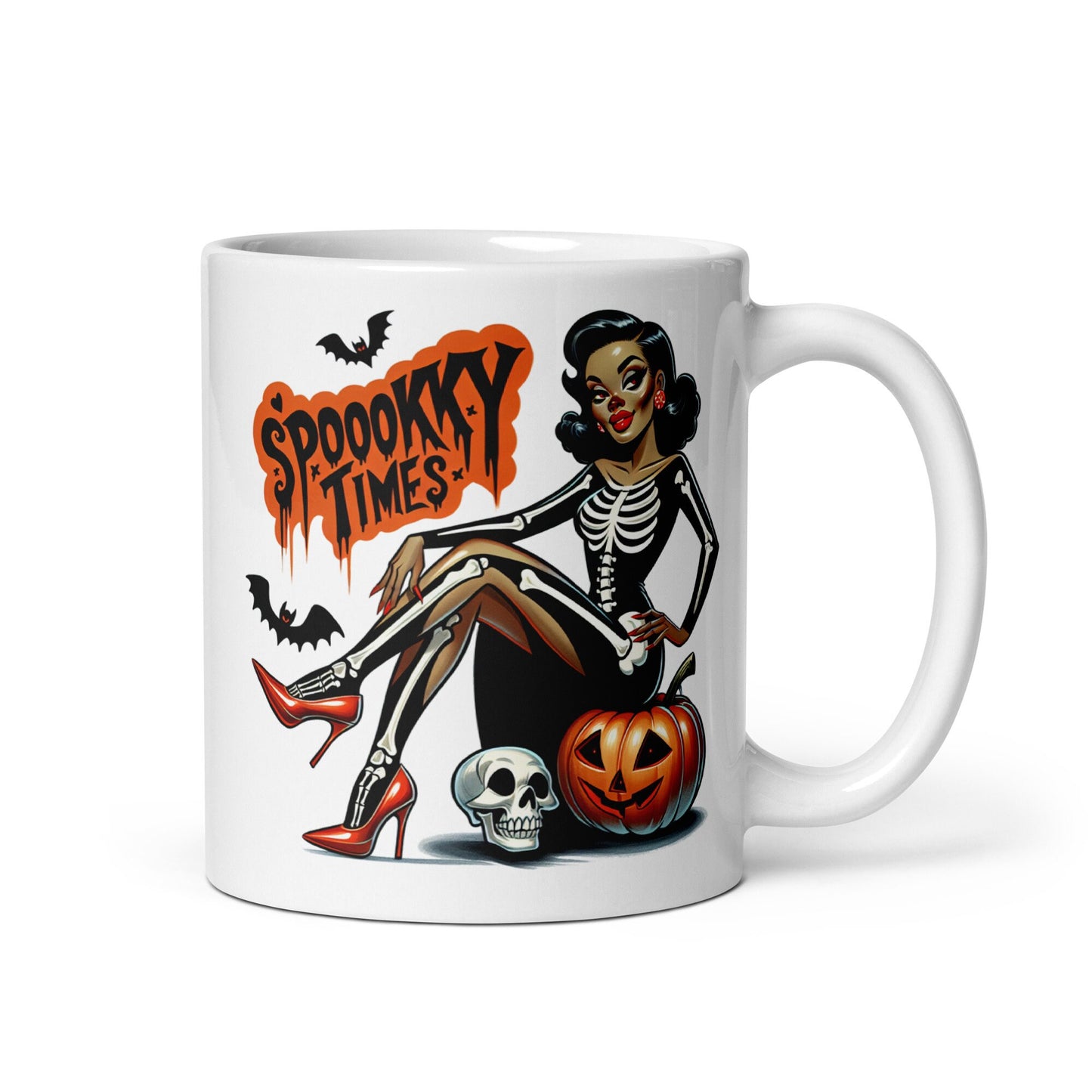 Spooky Times Sexy Skeleton Pin Up Halloween Themed White glossy mug | Retro Black Pin Up with Halloween Costume with Pumpkin and Skull