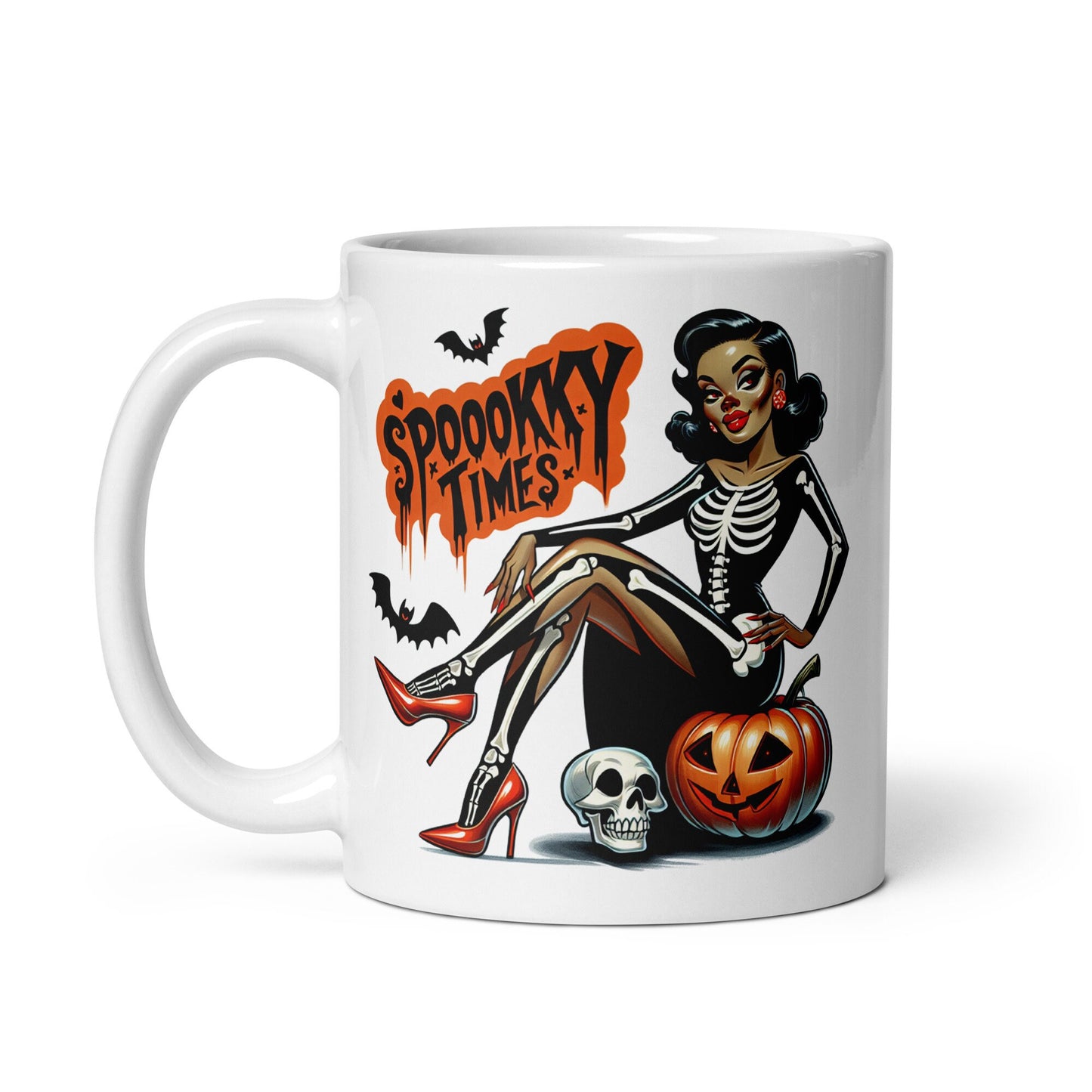 Spooky Times Sexy Skeleton Pin Up Halloween Themed White glossy mug | Retro Black Pin Up with Halloween Costume with Pumpkin and Skull