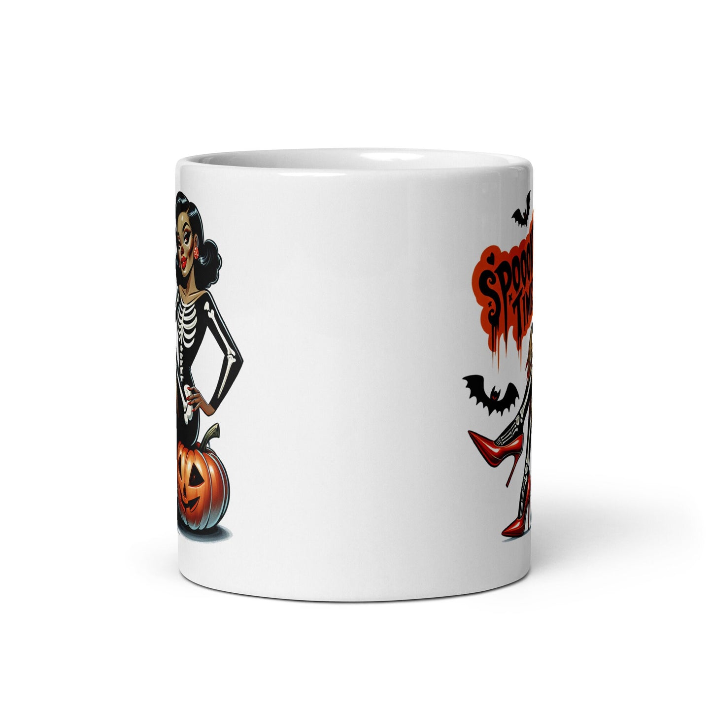 Spooky Times Sexy Skeleton Pin Up Halloween Themed White glossy mug | Retro Black Pin Up with Halloween Costume with Pumpkin and Skull