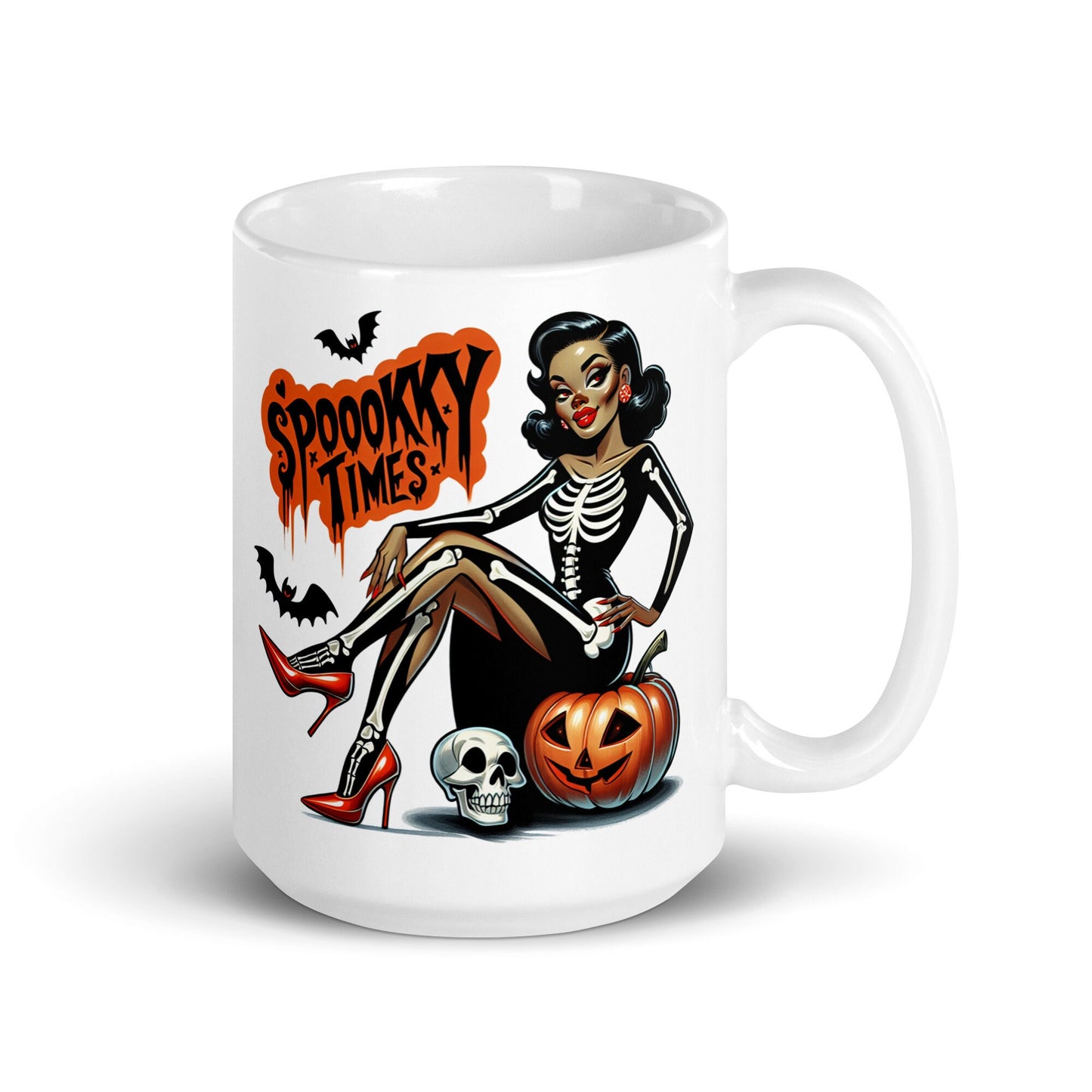 Spooky Times Sexy Skeleton Pin Up Halloween Themed White glossy mug | Retro Black Pin Up with Halloween Costume with Pumpkin and Skull