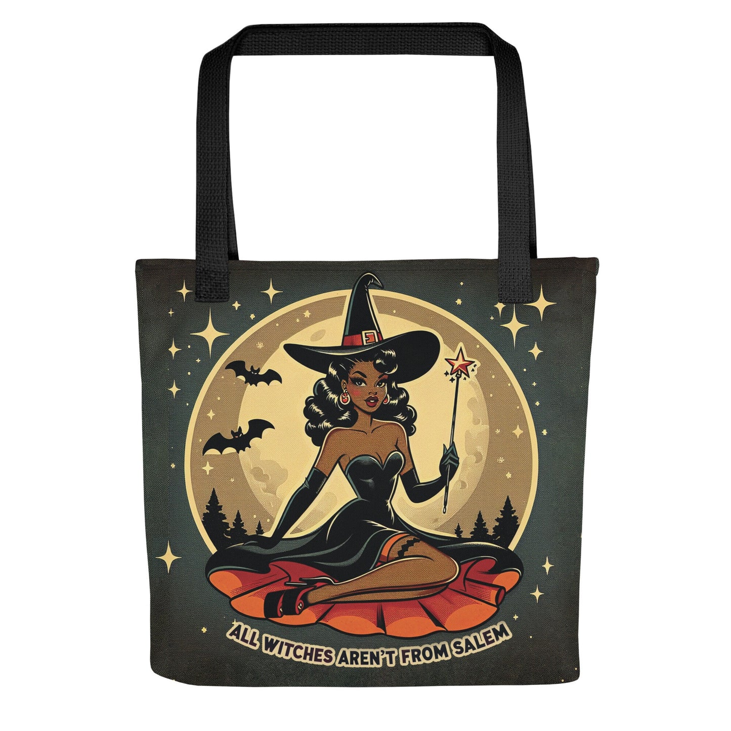 Halloween Themed Witch Unisex Tote | Vintage Pin Up Witch Bag | I Put a Spell on You Tote Bag | Retro Halloween Black Pin Up Aesthetic Tote