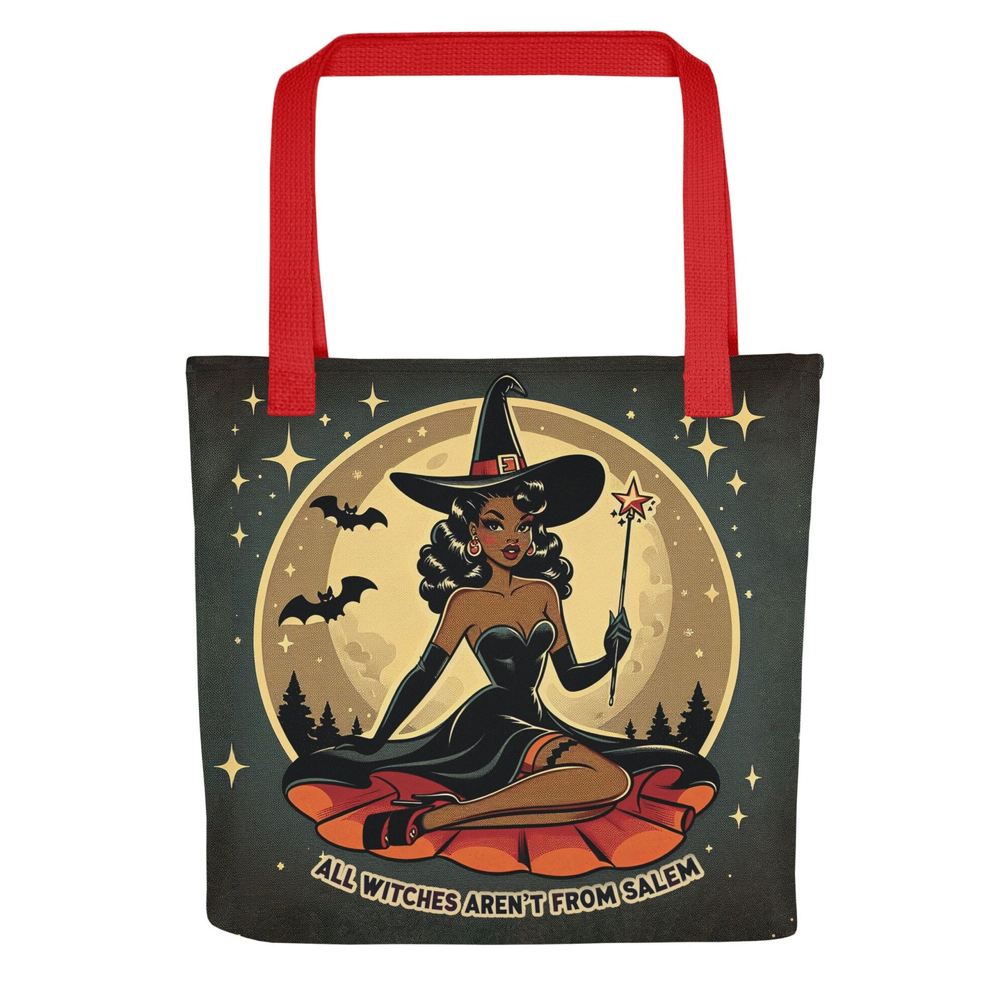 Halloween Themed Witch Unisex Tote | Vintage Pin Up Witch Bag | I Put a Spell on You Tote Bag | Retro Halloween Black Pin Up Aesthetic Tote