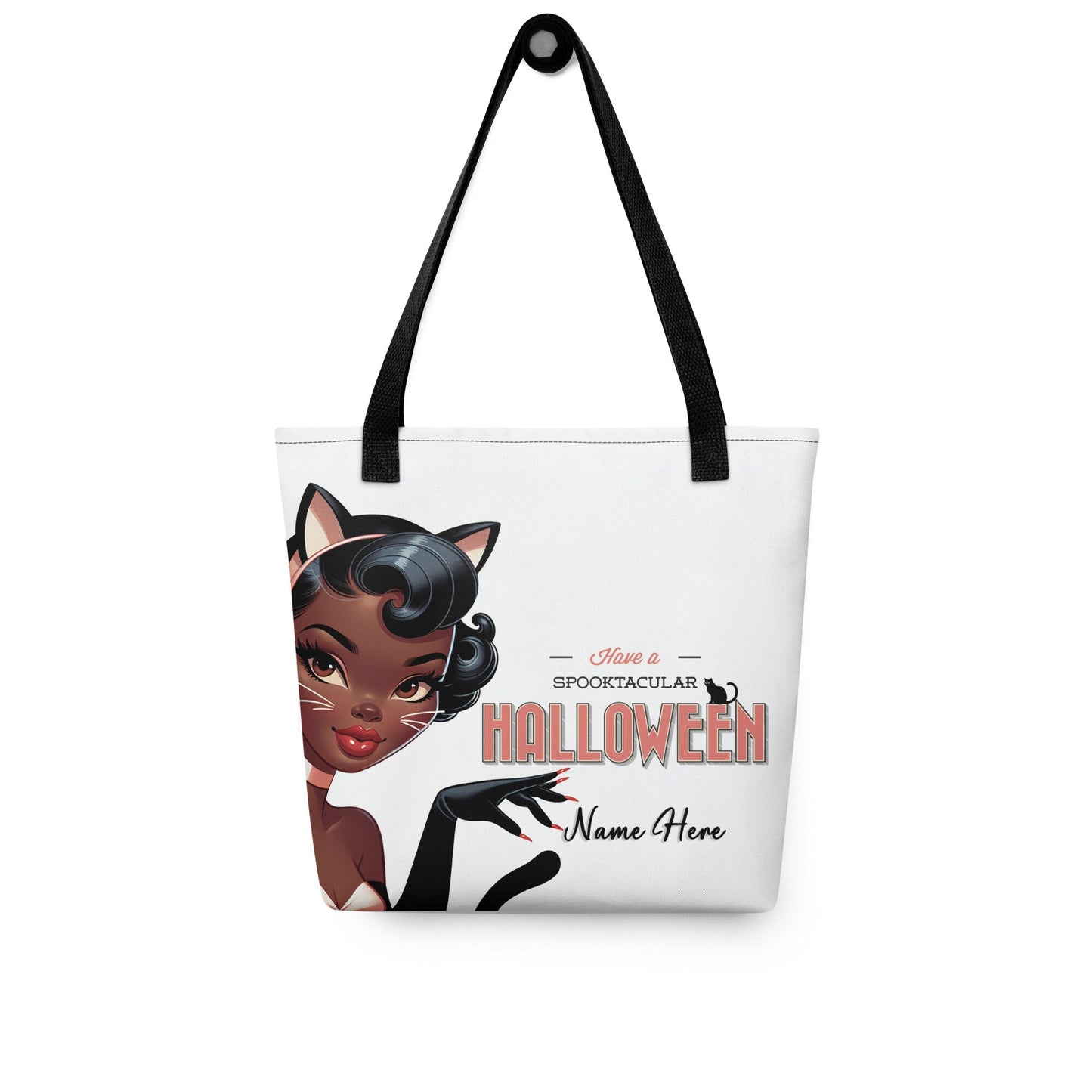 Happy Halloween Sexy Black Pin Up in Black Kitty Costume Tote bag | Personalized Halloween Aesthetic Tote | Retro Black Woman Pin Up Tote