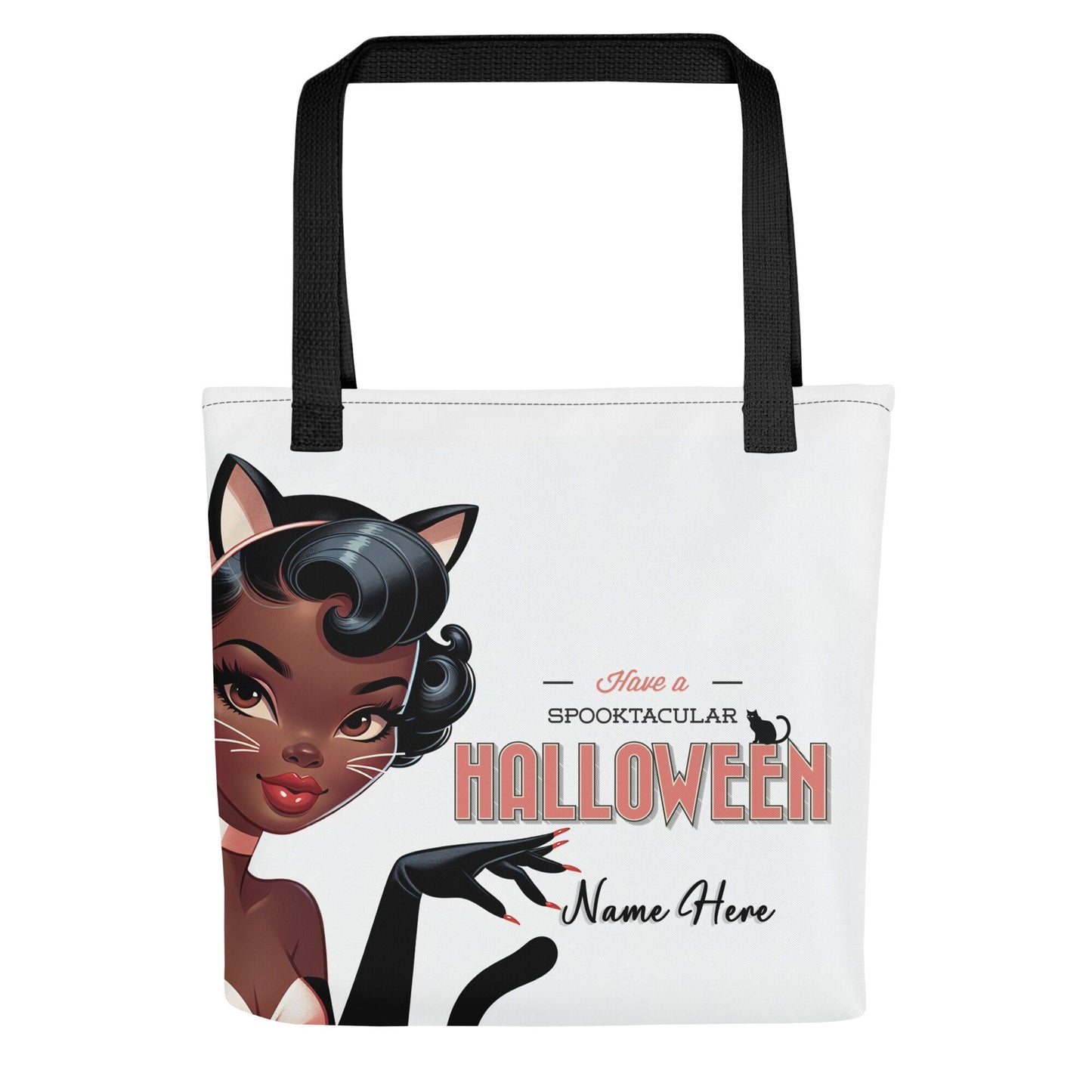 Happy Halloween Sexy Black Pin Up in Black Kitty Costume Tote bag | Personalized Halloween Aesthetic Tote | Retro Black Woman Pin Up Tote